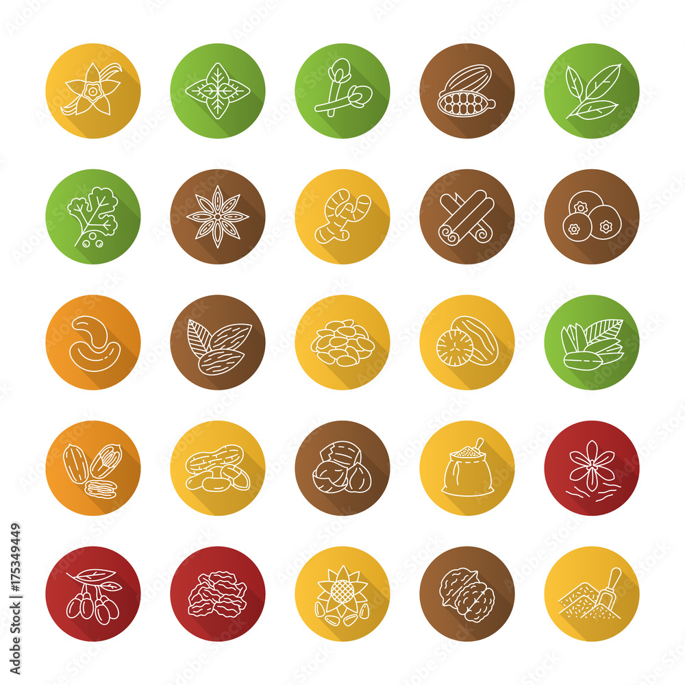Spices flat linear long shadow icons set