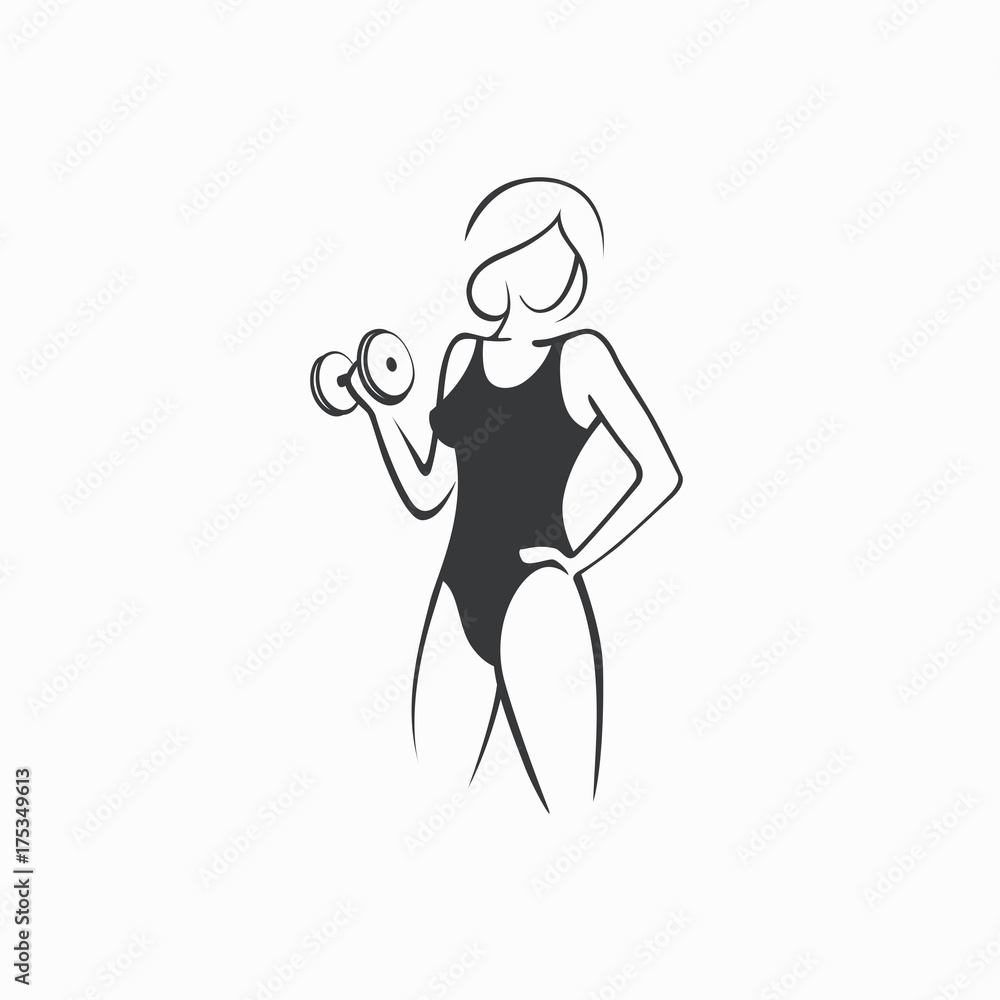 Sporty fit woman in the gym. Picture of a beautiful sexy girl with dumbbells in her hands. Vector illustration of a graphic outline silhouette Sporty fit woman in the gym. Picture of a beautiful sexy girl with dumbbells in her hands. Vector illustration of a graphic outline silhouette