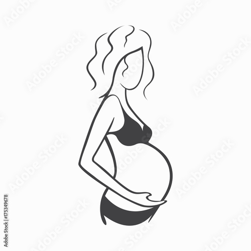 Drawing linear beautiful pregnant girl in dark clothes. Birth of a child. Vector graphic illustration, draw black and white silhouette for design.