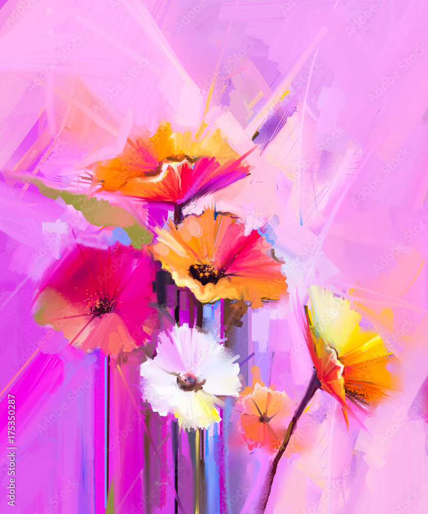 Abstract oil painting of spring flower. Still life of yellow, pink and red gerbera. Colorful bouquet flowers with light yellow, pink and red background. Hand Painted floral Impressionist style