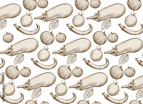 Eggplant, tomatoes and onion vegetables pattern Vector background. Line art h...