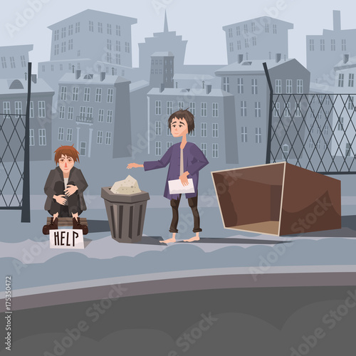 Homeless children needing for help, alms, money, urban landscape background, vector, banner, illustration, cartoon style