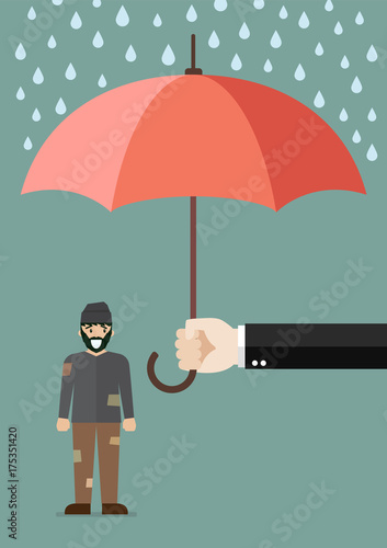 Hand holding an umbrella protecting poor man