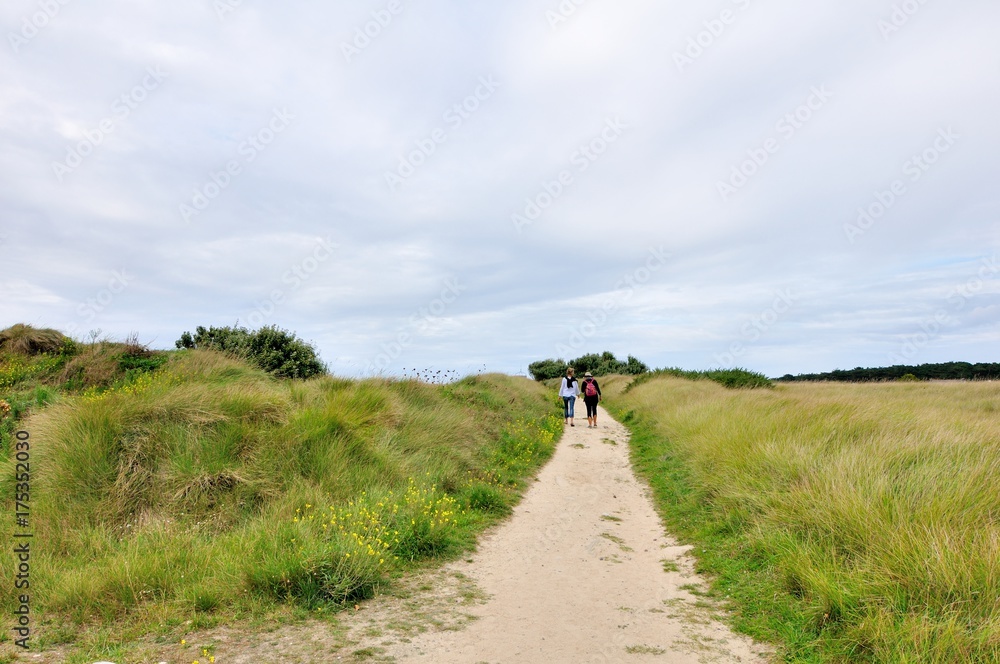 Des randonneurs sur le sentier côtier de l'île Grande en Bretagne