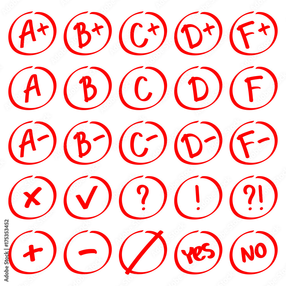 Grade results. Hand drawn vector set of grades with minuses and pluses. Red notes: plus, minus, tick, cross, yes, no, interrogative and exclamation mark. Grade results. Hand drawn vector set of grades with minuses and pluses. Red notes: plus, minus, tick, cross, yes, no, interrogative and exclamation mark.
