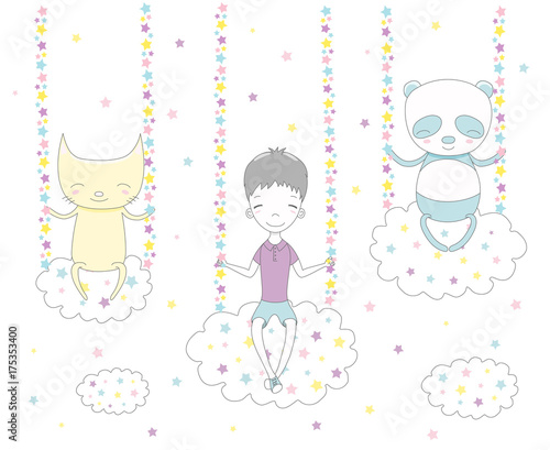 Hand drawn vector illustration of a cute funny boy, cat and panda swinging on clouds, among the stars.