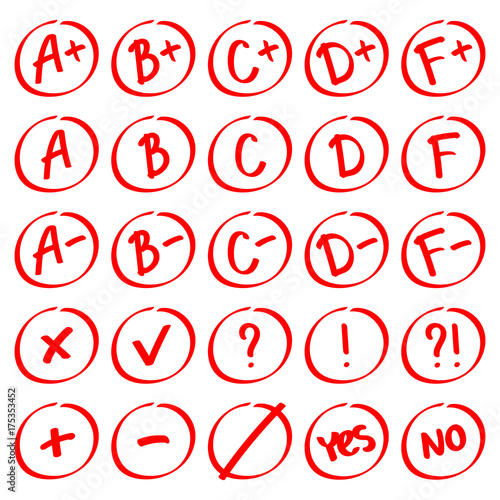 Grade results. Hand drawn vector set of grades with minuses and pluses. Red notes: plus, minus, tick, cross, yes, no, interrogative and exclamation mark.