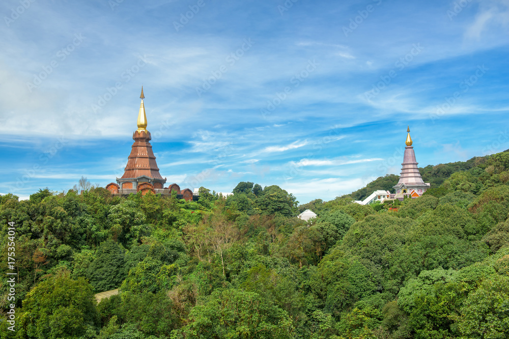 Beautiful landscape of two pagoda on the top of Doi Inthanon National park, Chiang Mai, Thailand.
