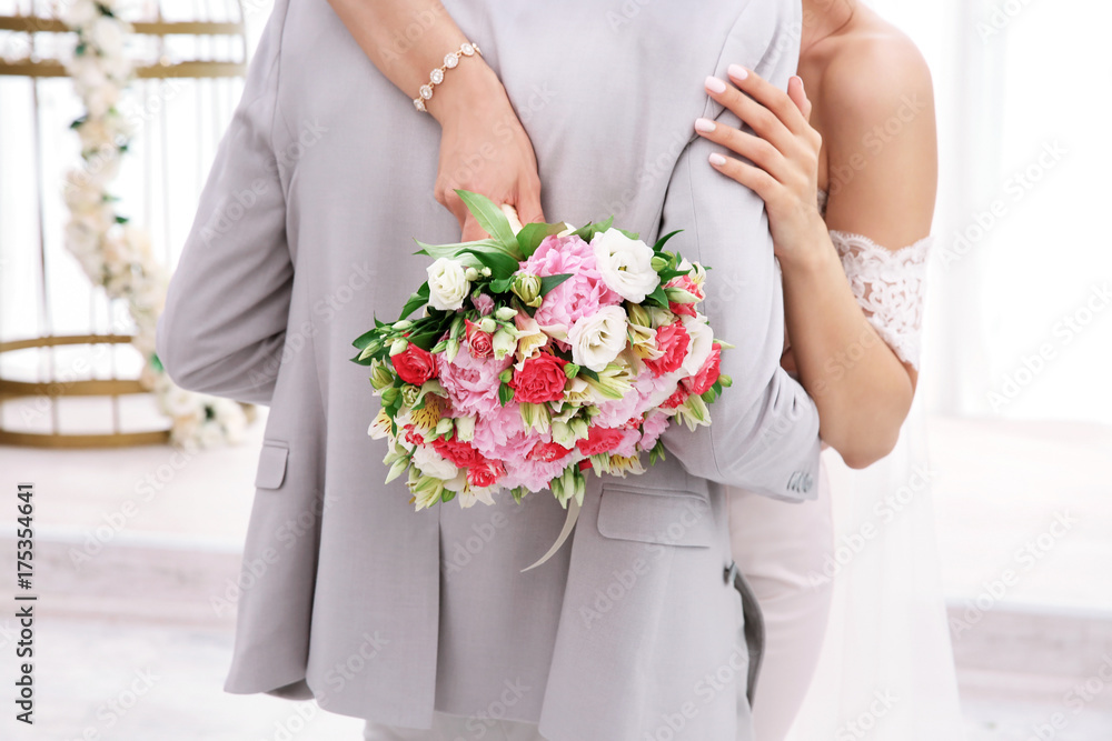 Happy beautiful couple on wedding day, indoors Happy beautiful couple on wedding day, indoors