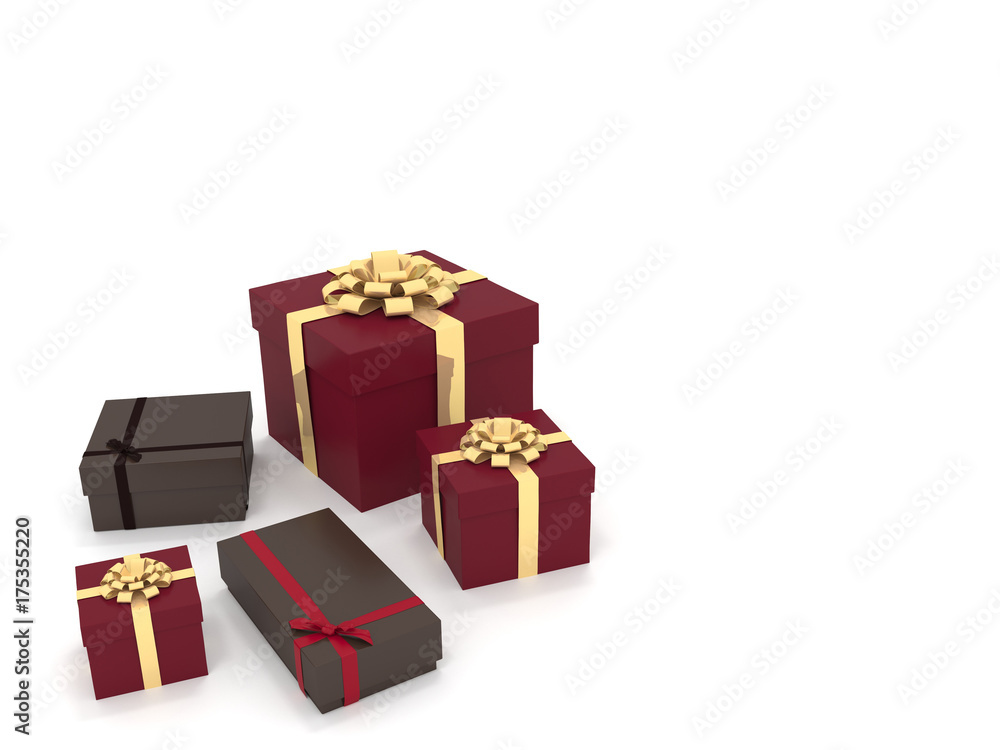 3d illustration of brown red gift boxes with gold ribbon isolated on white background. 3d illustration of brown red gift boxes with gold ribbon isolated on white background.
