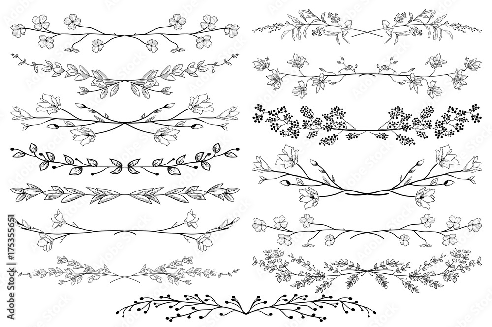 Vector Black Dividers with Branches, Plants and Flowers