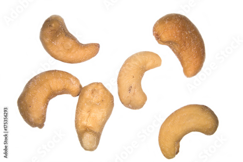 Some salted cashews on a white background