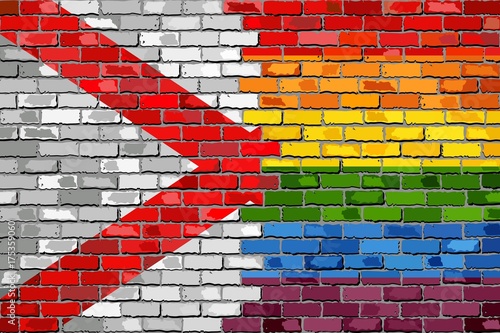 Brick Wall Alabama and Gay flags - Illustration,
Rainbow flag on brick textured background, 
Abstract grunge Alabama Flag and LGBT flag