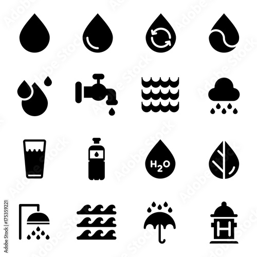 Vector water icons set on white background. Black. Vector illustration