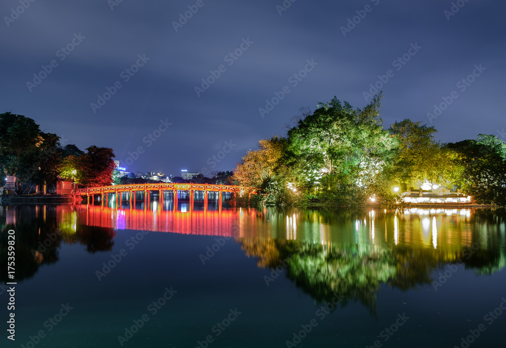 Landmark of red bridge Ho Hoan Kiem, lake of the returned sword at night