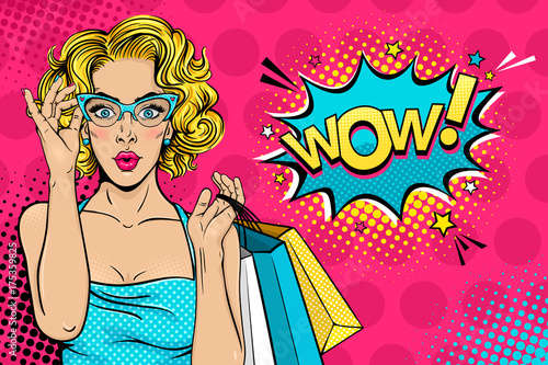 Wow female face. Sexy surprised young woman in glasses with open mouth and blonde curly hair holding shopping bags and Wow! speech bubble. Vector bright background in pop art retro comic style. 