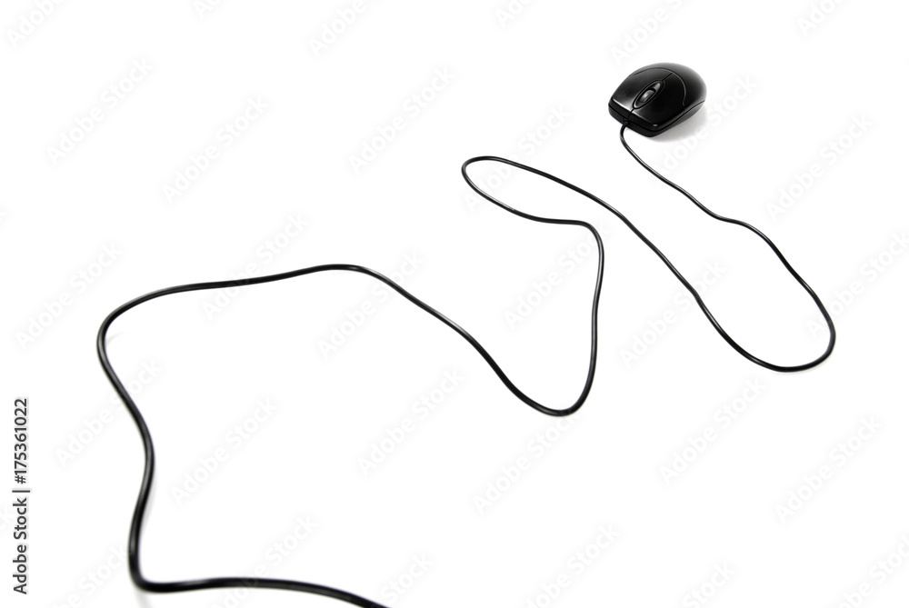 Black computer mouse with cable isolated on white background Black computer mouse with cable isolated on white background
