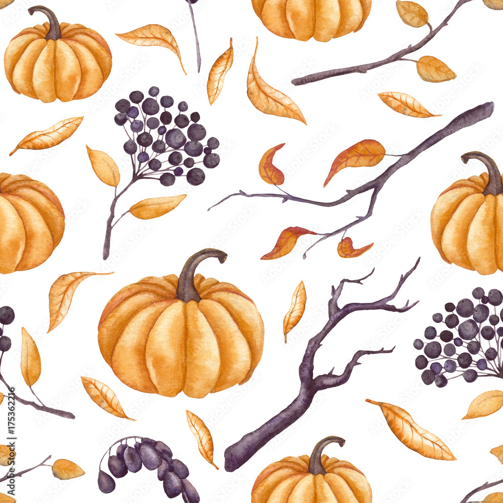 Watercolor pumpkins and viburnum