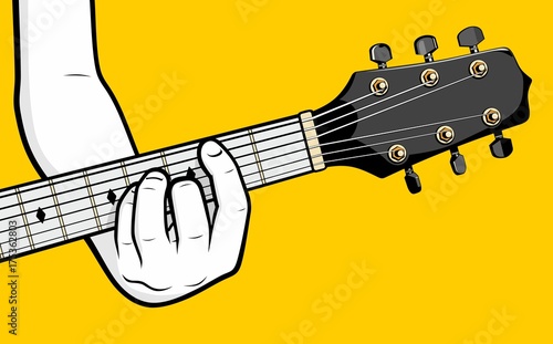 Man hand playing guitar B minor chord