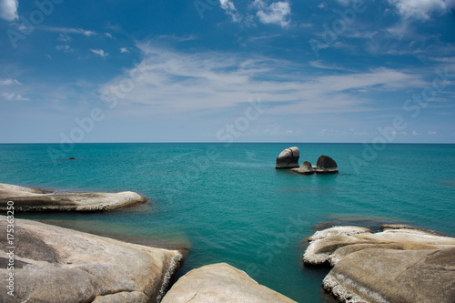 View of sea waves and rocks on the beach at KOH SAMUI, THAILAND/Scenery sea water Clouds on a blue sky over summer sea.