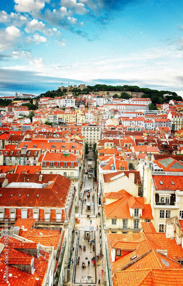 Saint George's Castle and Lisbon old town from Santa Justa mirador, Portugal, retro toned