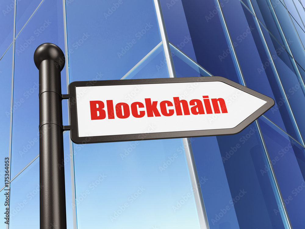Money concept: sign Blockchain on Building background