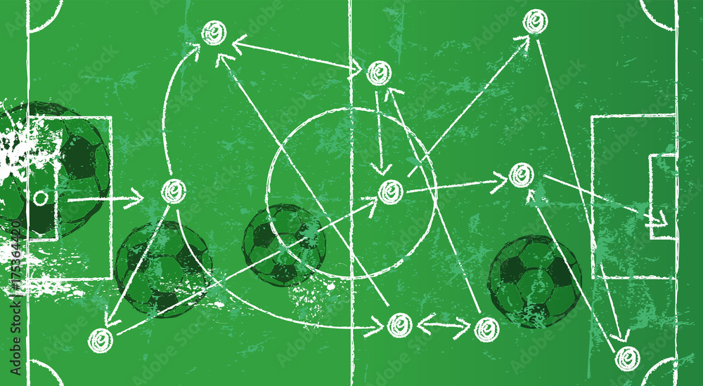 Fototapeta premium Soccer illustration w. strategy drawing, soccer balls, grungy style, vector