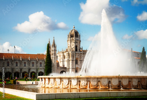 Old Mosteiro dos Jeronimos with fountain, Lisbon, Portugal, retro toned
