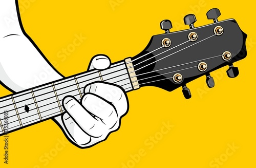 Man hand playing guitar D chord