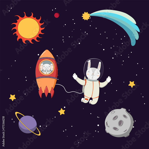 Hand drawn colorful vector illustration of a cute funny elephant astronaut in a rocket and rabbit on a spacewalk, on a dark background with stars and planets.