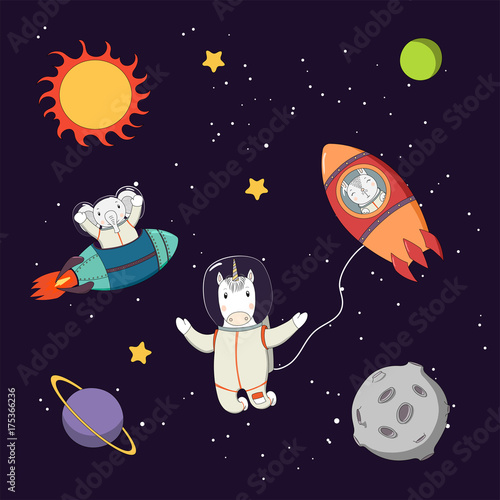 Hand drawn colorful vector illustration of a cute funny bunny and elephant astronauts in rockets and unicorn on a spacewalk, on a dark background with planets.