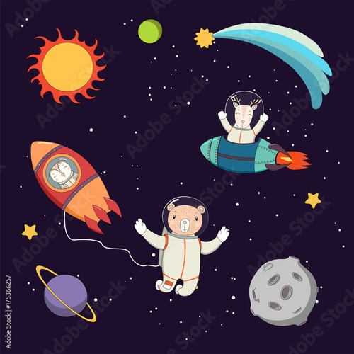 Hand drawn colorful vector illustration of a cute funny deer and owl astronauts in rockets and bear on a spacewalk, on a dark background with planets and stars.