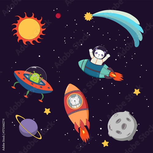 Hand drawn colorful vector illustration of a cute funny alien in a flying saucer and panda and cat astronauts in rockets, on a dark background with planets.