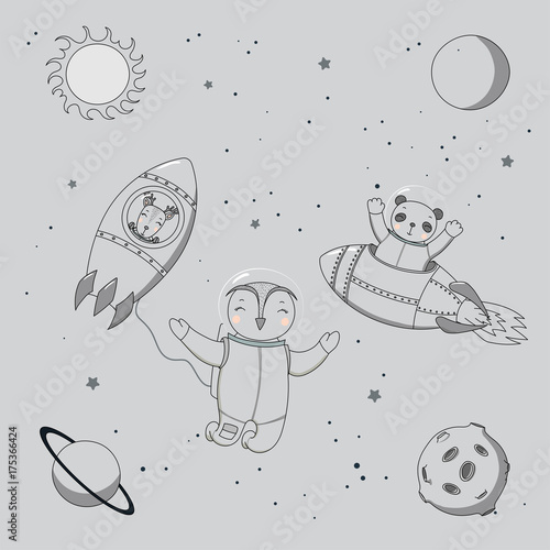 Hand drawn monochrome vector illustration of a cute funny deer and panda astronauts in rockets and owl on a spacewalk, on a background with planets and stars.