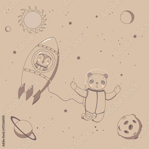 Hand drawn sepia vector illustration of a cute funny owl astronaut in a rocket and panda on a spacewalk, on a background with stars and planets.