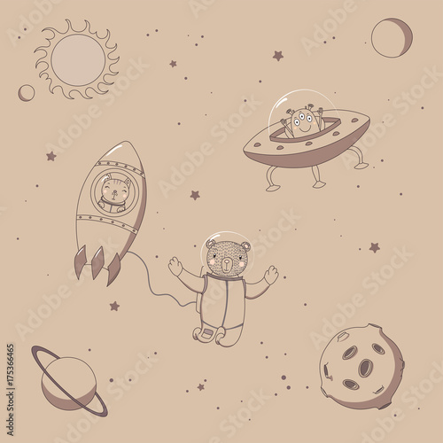 Hand drawn sepia vector illustration of a cute funny alien in a flying saucer, bear astronaut in a rocket and bear on a spacewalk, on a background with stars.