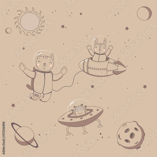 Hand drawn sepia vector illustration of a cute funny alien in a flying saucer, rabbit astronaut in a rocket and cat on a spacewalk, on a background with stars.