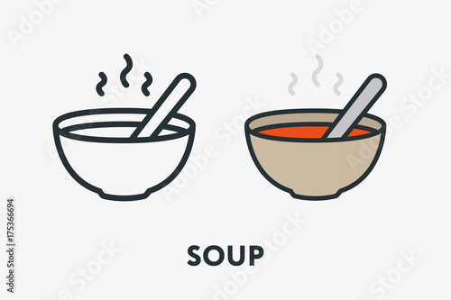 Hot Tomato Vegetable Soup Bowl Plate and Spoon Portion Minimal Flat Line Outline Colorful and Stroke Icon Pictogram