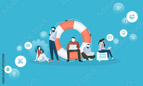 Technical support. Flat design business people concept. Vector illustration for web banner, business presentation, advertising material.