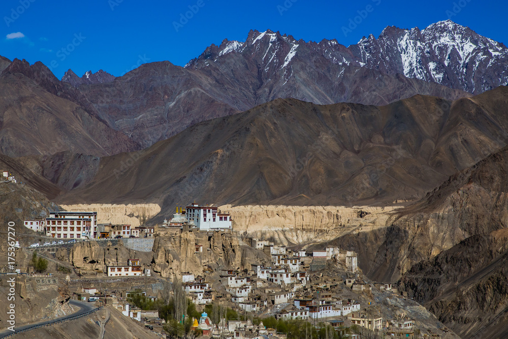Lamayuru Buddhist Monastery or Gompa surrounded by dramatic and breathtaking landscape nestled within the Indian Himalayan region of Ladakh, Kashmir.