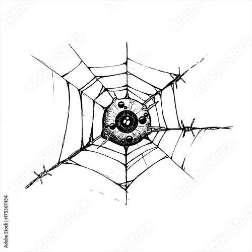 eyeball is attached to the spider web and barbed hook. illustration vector. hand drawing. black and white tattoo style. symbol for painful torment suffering and warp of mind. spider eye. human eye.