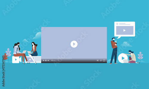 Video streaming. Flat design people and technology concept. Vector illustration for web banner, business presentation, advertising material.