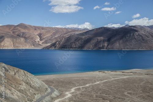 Pangong Tso, Tibetan for "high grassland lake", also referred to as Pangong Lake, is an endorheic lake in the Himalayas situated at a height of about 4,350 m