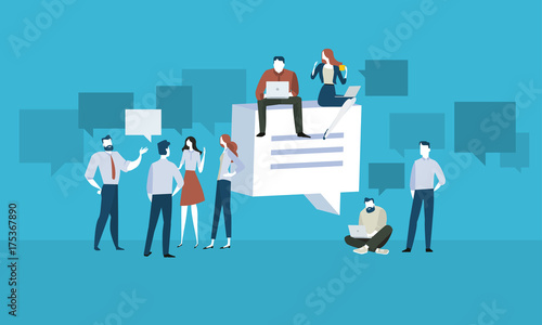 Forum. Flat design people and technology concept. Vector illustration for web banner, business presentation, advertising material.