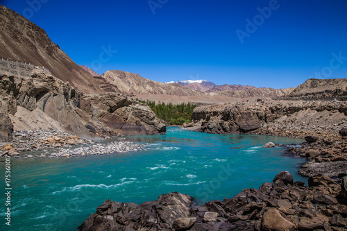 View of Indus River at Alchi village in summer time, India.