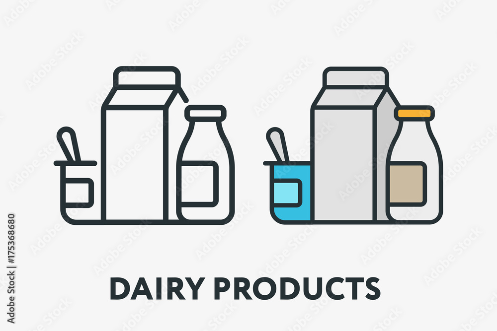 Dairy Farm Products Milk Pack Yogurt Sour Cream Minimal Flat Line Outline Colorful and Stroke Icon Pictogram Dairy Farm Products Milk Pack Yogurt Sour Cream Minimal Flat Line Outline Colorful and Stroke Icon Pictogram