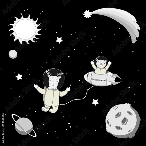 Hand drawn black and white vector illustration of a cute funny bear astronaut in a rocket and derr on a spacewalk, on a dark background with stars and planets.