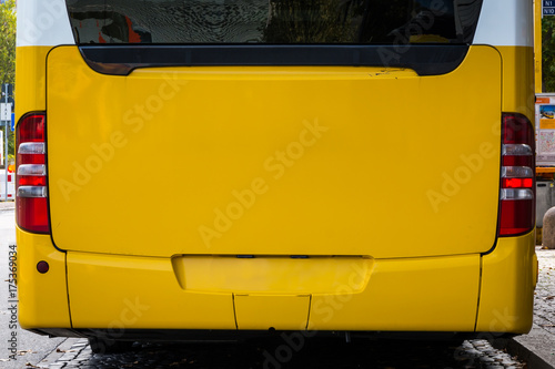 Bright Yellow Bus Behind Empty Mockup Advertising Space Public Transportation Vehicle Close Up