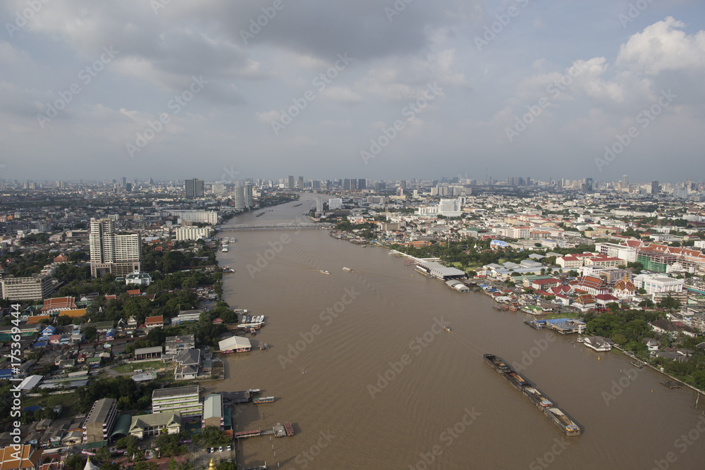Aerial view of Bangkok city skyline near Chao Phraya river