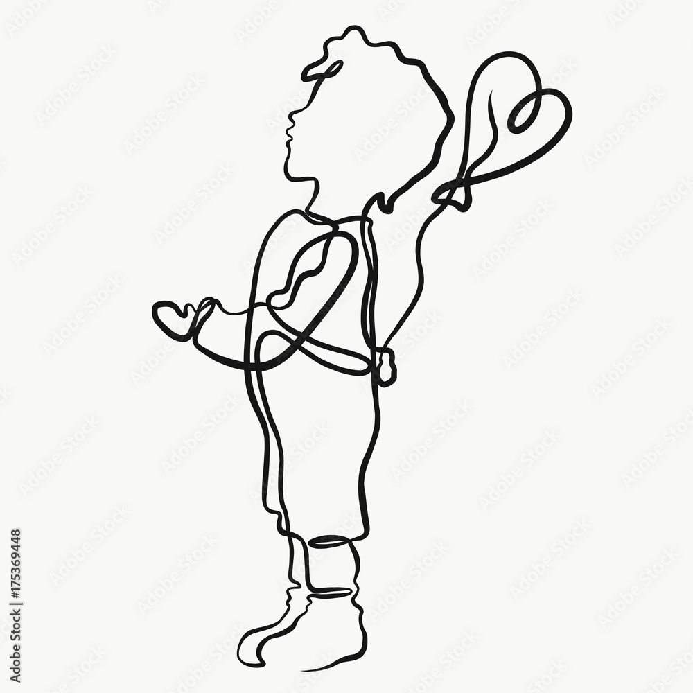 Boy with balloon, drawn by one line